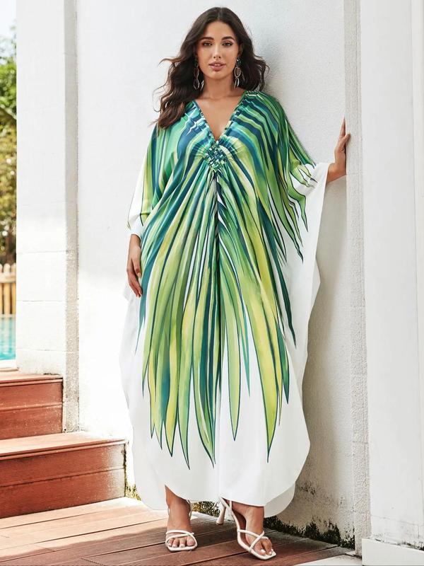 Plus Size Butterfly Print Split Side Kaftan Dress, Boho V Neck Batwing Sleeve Long Dress for Beach Holiday Vacation, Women's Clothes for All Seasons