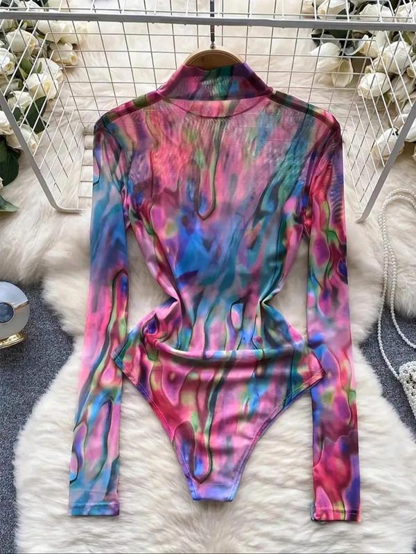 Women's Tie Dye Print Mock Neck Bodysuit, Casual Long Sleeve Bodysuit for Daily Wear, Ladies Clothes for All Seasons