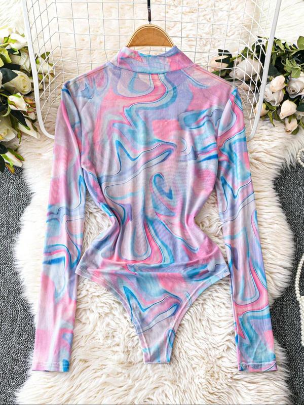 Women's Tie Dye Print Mock Neck Bodysuit, Casual Long Sleeve Bodysuit for Daily Wear, Ladies Clothes for All Seasons