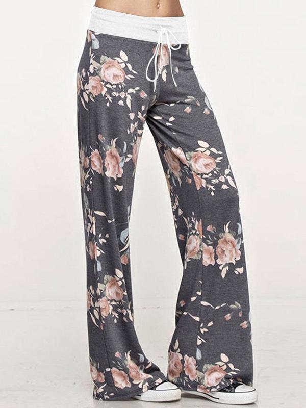 Women's Colorblock Floral Print Drawstring Waist Wide Leg Pants, Casual Comfy Trousers For Spring & Fall, Women's Bottoms For Daily Wear