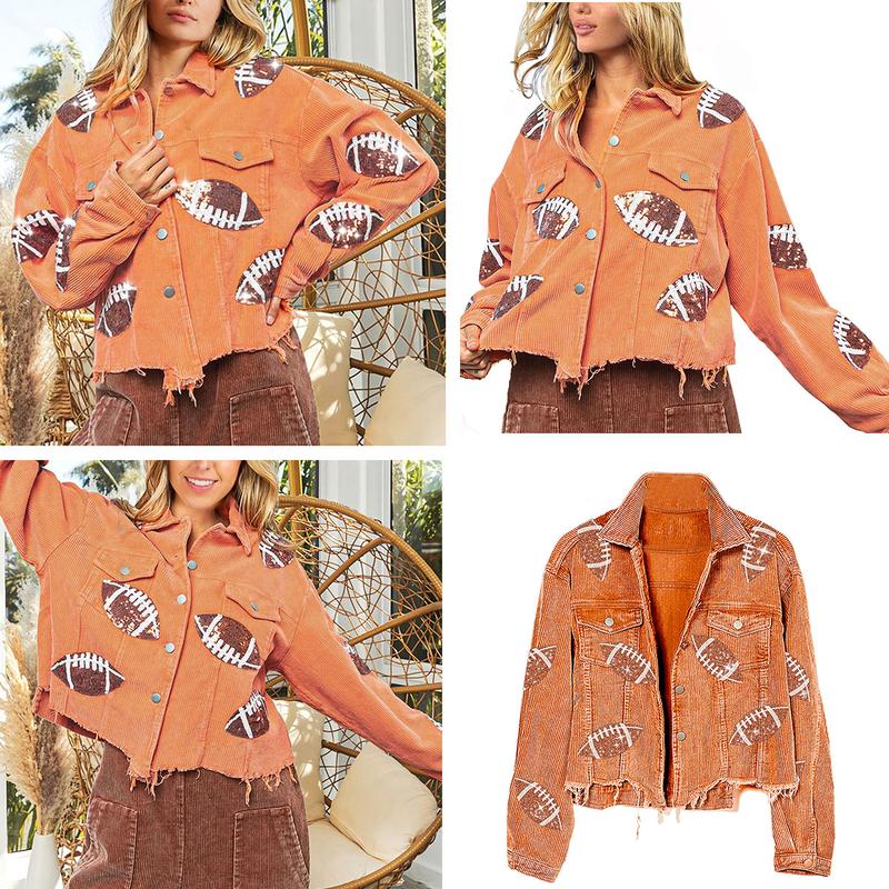 Ommig Women's Cropped Corduroy Jacket Football Sequin Patched Short Button Raw Hem Jacket Coat