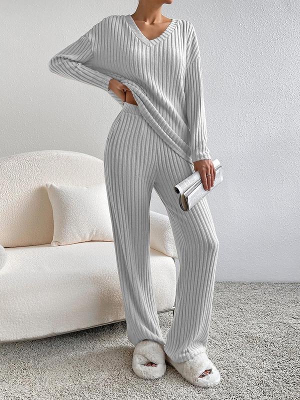 Women's Solid Drop Shoulder Ribbed Lounge Set, Casual Comfy Long Sleeve V Neck Top & Elastic Waist Pocket Pants Pajama Set, Women's Sleepwear for Fall & Winter