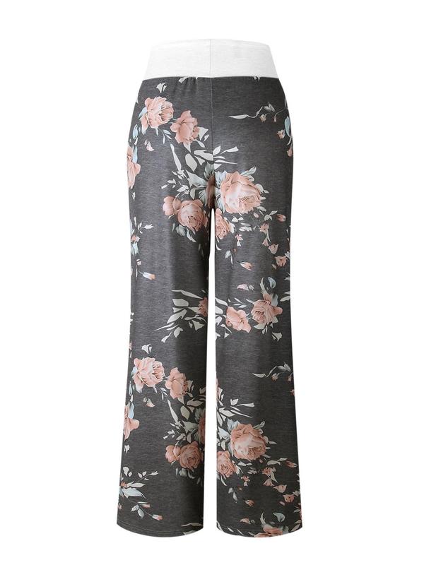 Women's Colorblock Floral Print Drawstring Waist Wide Leg Pants, Casual Comfy Trousers For Spring & Fall, Women's Bottoms For Daily Wear