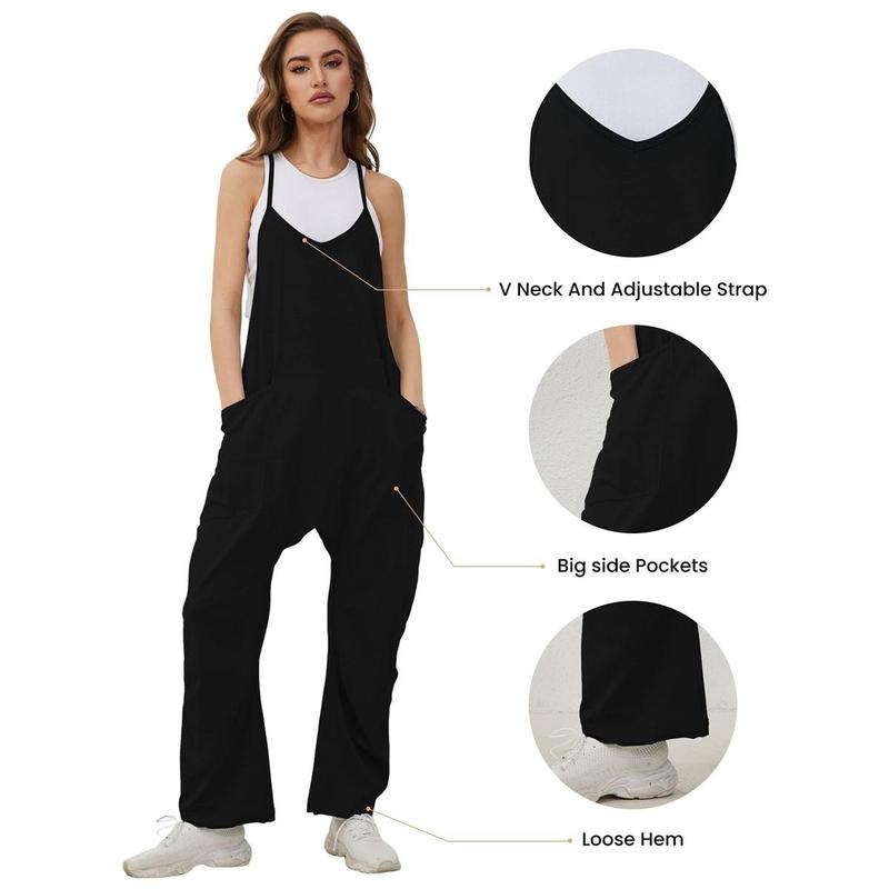 UANEO Women's Causal Jumpsuits V Neck Sleeveless Harem Overalls Stretchy Adjustable Strap Romper with Pockets