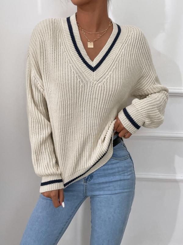 Women's Striped Trim Drop Shoulder V Neck Sweater, Loose Long Sleeve Jumper Pullover Tops, Fall Sweaters for Women, Autumn Fashion Clothes Knitwear, Comfort Longsleeves Womenswear, Downtown Girl Clothes