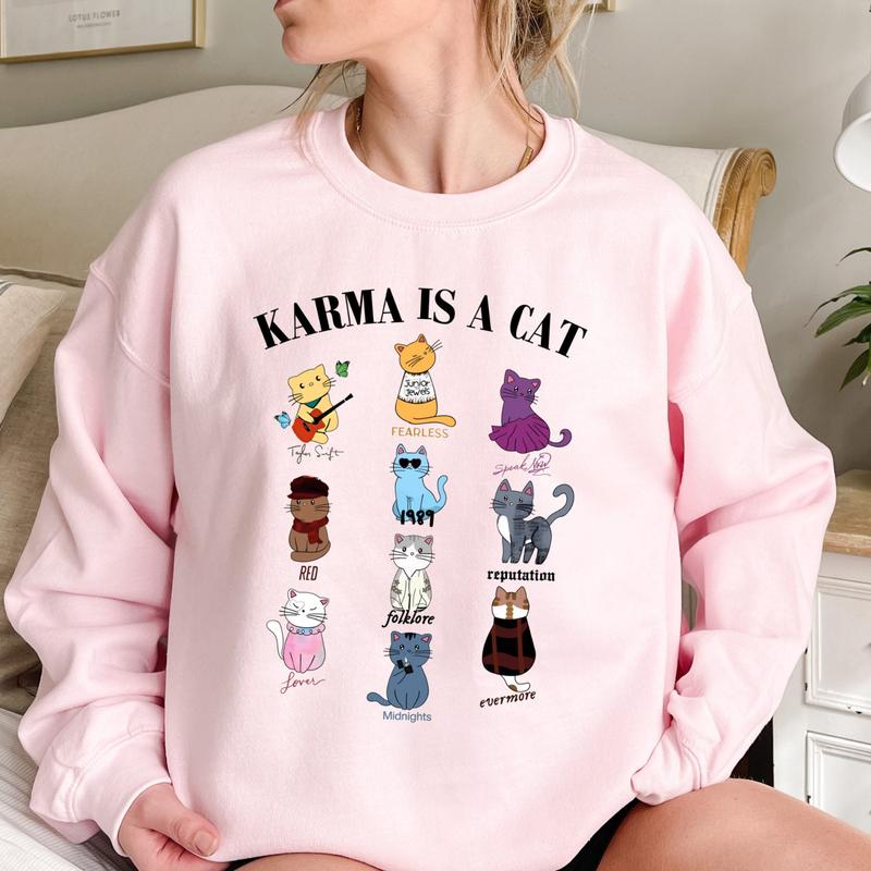 Karma Is A Cat Sweatshirt, Music Albums As Books Sweatshirt, Taylor Eras Cat Lover Sweatshirt