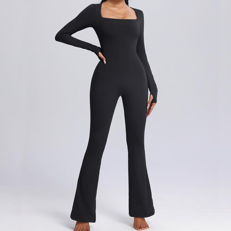 Long Sleeve Jumpsuits for Women Square Neck Wide Leg Full Length Romper Playsuit Flare Jumpsuits for Women