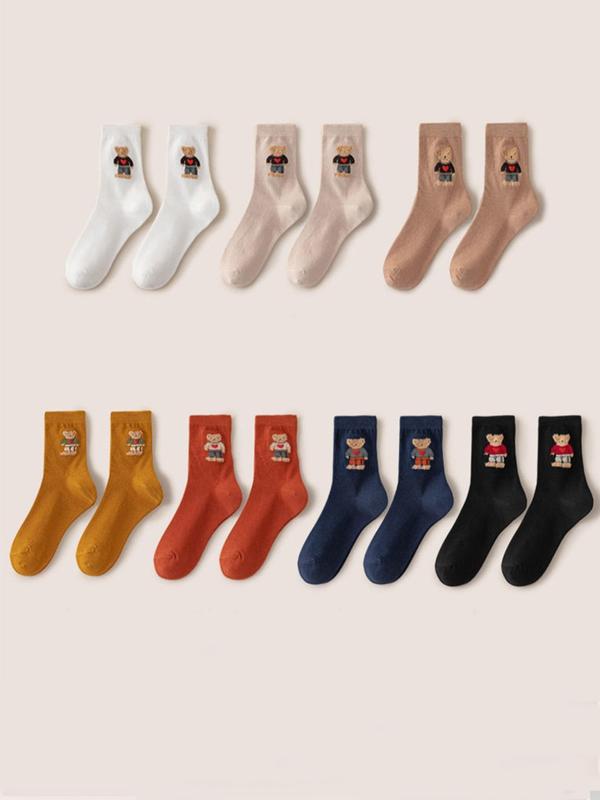 Women's 7 Pairs Cartoon Bear Print Crew Socks, Cute Comfy Mid-calf Socks for Daily Wear, Women's Socks for All Seasons