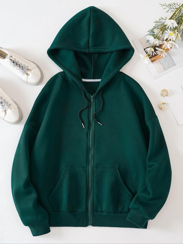 Women's Solid Kangaroo Pocket Zip Up Hoodie, Womenswear, Casual Minimalist Longsleeves Hooded Sweatshirt Outerwear for Fall Daily Wear, Comfort Basic Tops for Lady, Please Purchase A Size Up Green Hoodie Girl