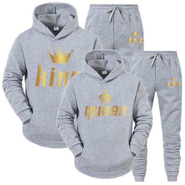 2024 fashion couple sweatshirt set King or Queen printed lover hoodie set King Queen hooded sweatshirt couple pullover men's sweater women's set