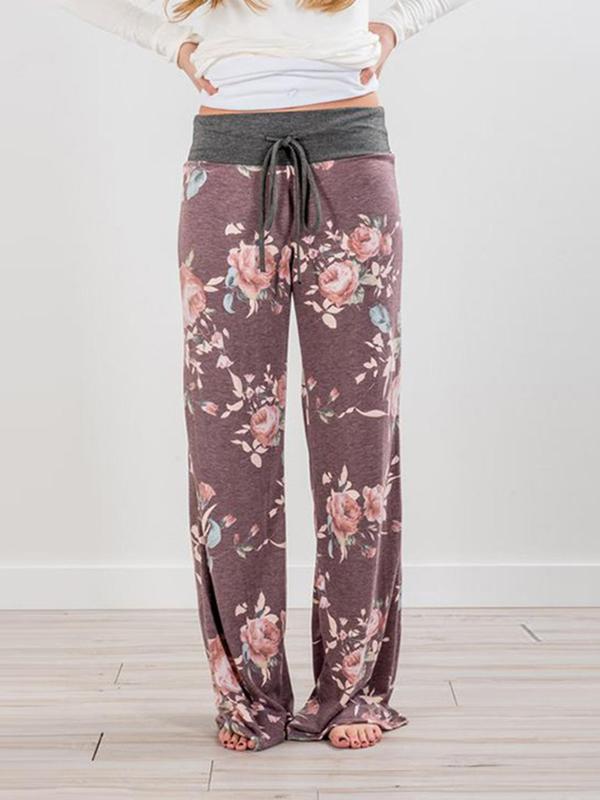 Women's Colorblock Floral Print Drawstring Waist Wide Leg Pants, Casual Comfy Trousers For Spring & Fall, Women's Bottoms For Daily Wear