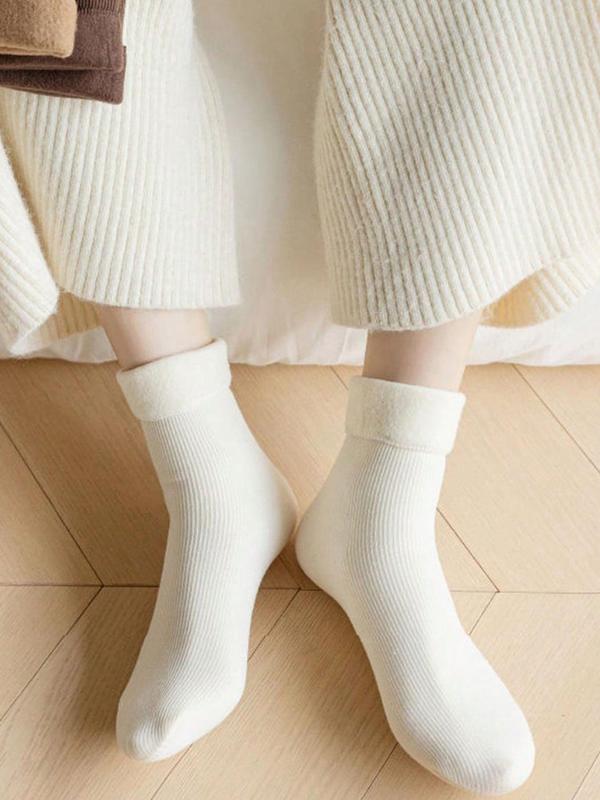 Women's Solid Color Warm Crew Socks, Casual Soft Comfy Breathable Mid-calf Socks for Fall & Winter, Women's Socks for Daily Wear