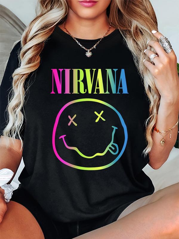 Women's Cartoon & Letter Print Drop Shoulder Tee, Casual Short Sleeve Round Neck T-Shirt for Summer, Women's Top for Daily Wear