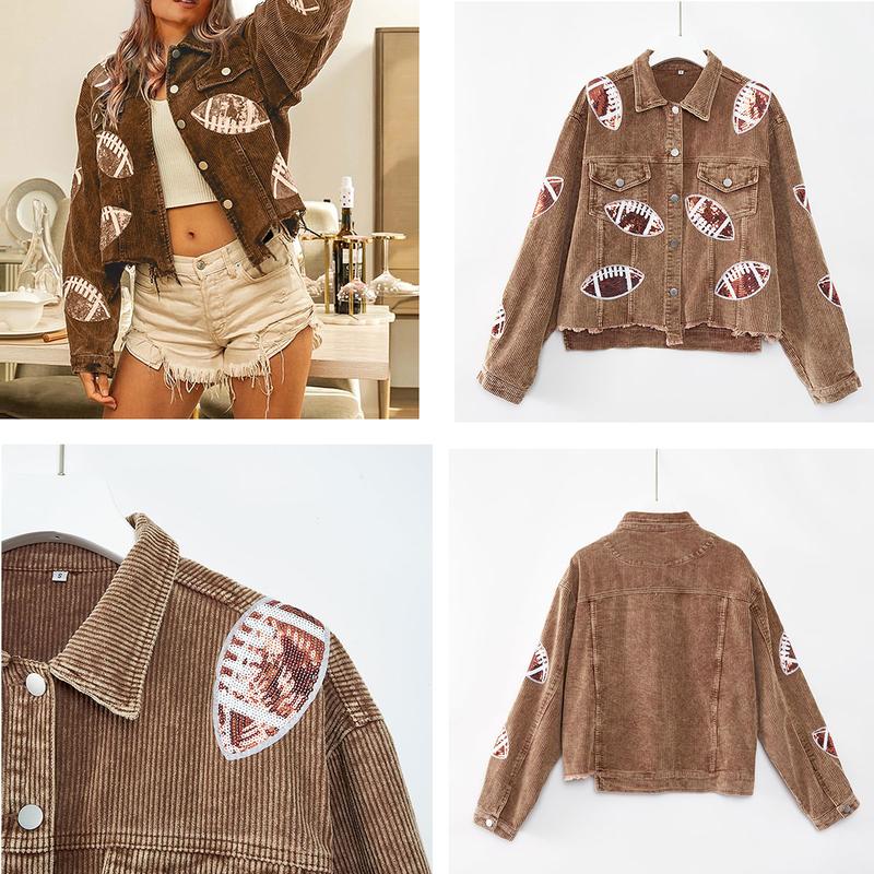 Ommig Women's Cropped Corduroy Jacket Football Sequin Patched Short Button Raw Hem Jacket Coat