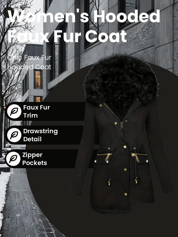 Women's Contrast Faux Fur Trim Button Front Hooded Winter Coat, Long Sleeve Drawstring Pocket Zipper Outerwear for Fall & Winter, Women's Clothing for Daily Wear, Fall Outfits, Fallfreshness, Womenswear, Winter Coat for Women, Downtown Girl Clothes