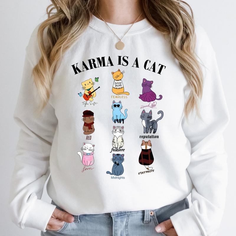 Karma Is A Cat Sweatshirt, Music Albums As Books Sweatshirt, Taylor Eras Cat Lover Sweatshirt