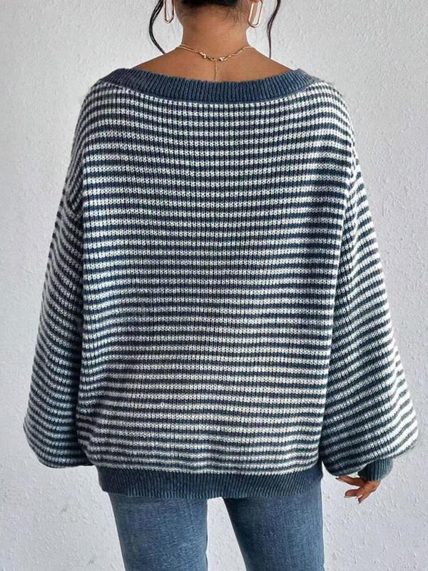 Women's Striped Print Drop Shoulder Sweater, Casual Long Sleeve Scoop Neck Jumper for Fall & Winter, Fashion Ladies' Knitwear for Daily Wear