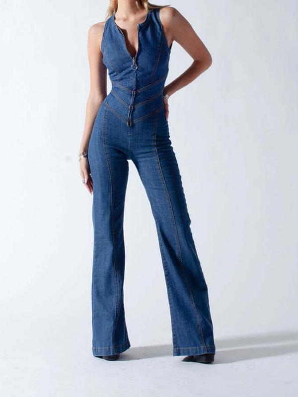 GBELLA Blue Backless Heart Shaped Hollow Bodysuit Women's Slim Fit Jumpsuit Vintage Denim Womenswear Overalls Comfort Basic Minimalist Sleeveless