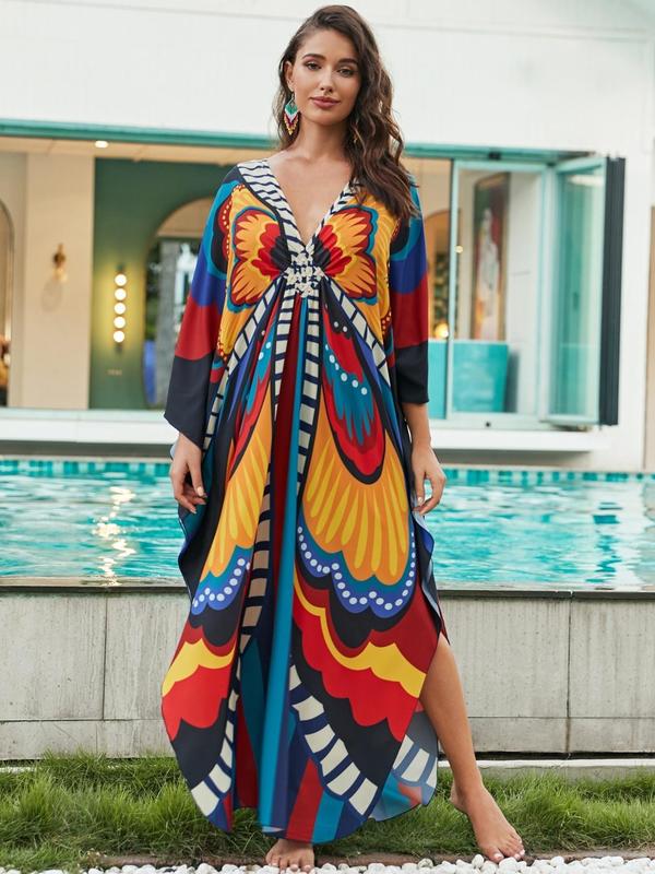 Plus Size Butterfly Print Split Side Kaftan Dress, Boho V Neck Batwing Sleeve Long Dress for Beach Holiday Vacation, Women's Clothes for All Seasons