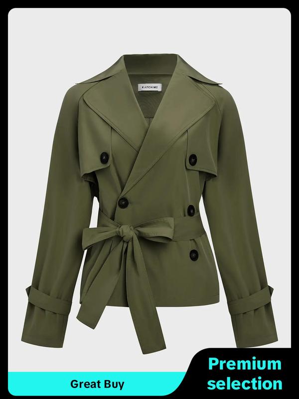 Women's Solid Lapel Neckline Double Breasted Trench Coat, Casual Long Sleeve Belted Outerwear for Fall & Winter, Ladies Clothes for Daily Wear