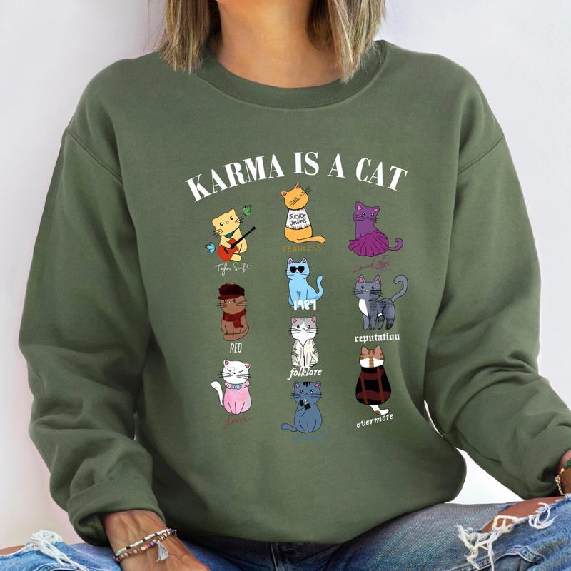 Karma Is A Cat Sweatshirt, Music Albums As Books Sweatshirt, Taylor Eras Cat Lover Sweatshirt