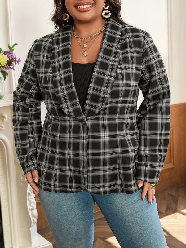 CURVZY Plus Size Plaid Print Button Front Shawl Collar Blazer, Casual Long Sleeve Coat for Fall & Winter, Women's Clothes for Daily Wear, Tiktok Shop Black Friday, Black Friday Haul