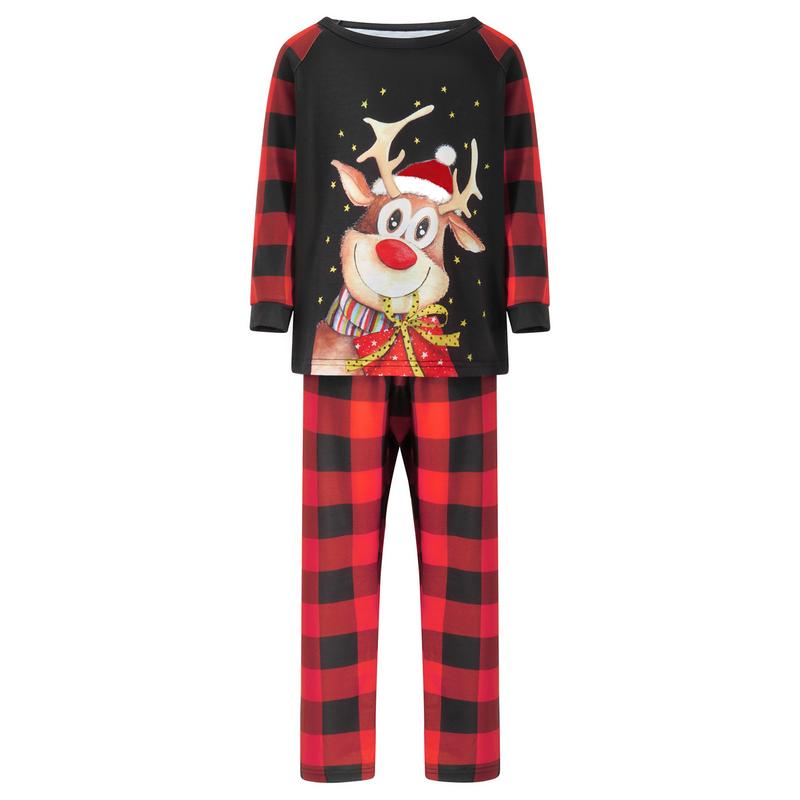 Christmas Family Matching Pajamas Set Elk Print Long Sleeve Tops Plaid Pants Xmas Jammies Sleepwear