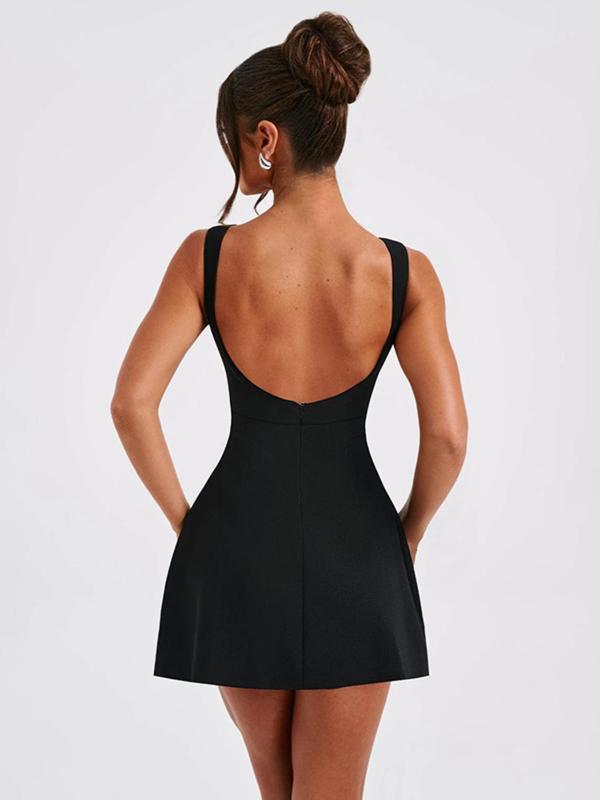 Christmas Deals, Women's Solid Backless A Line Dress, Elegant Sleeveless Round Neck Short Dress for Party Holiday Wedding Guest, Back-to-School Clothing, Ladies Summer Clothes, Christmas 2024 Trend, Fall & Winter Clothes