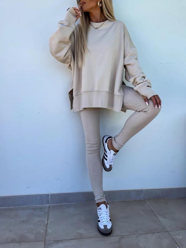 Two-Piece Set Women's Solid Color Split Hem Sweatshirt & Skinny Pants, Casual Fashion Cozy Round Neck Long Sleeve Pullover & Trousers for Daily Outdoor Wear, Ladies Spring & Fall Clothes