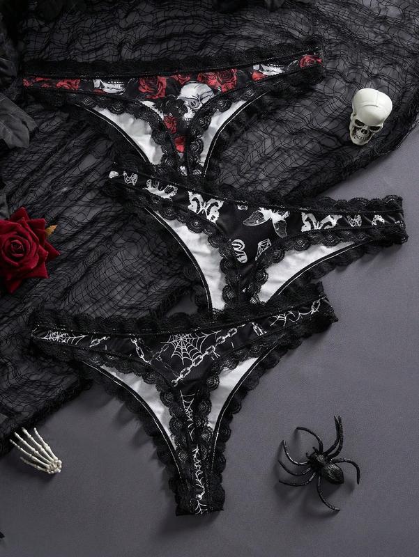 3pcs Set Exotic-Goth Women Low Waist Printed Thong Panties With Contrasting Lace Trim