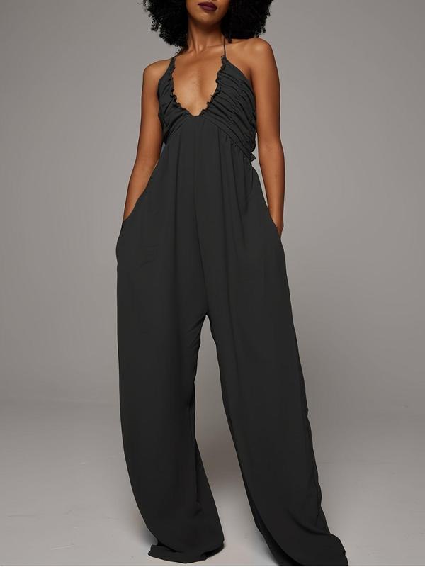 Women's Solid Ruched Halter Tie Back Jumpsuit, Casual Backless Wide Leg Jumpsuit for Summer, Women's Clothing for Daily Wear