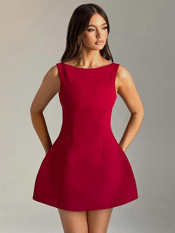 Christmas Deals, Women's Solid Backless A Line Dress, Elegant Sleeveless Round Neck Short Dress for Party Holiday Wedding Guest, Back-to-School Clothing, Ladies Summer Clothes, Christmas 2024 Trend, Fall & Winter Clothes