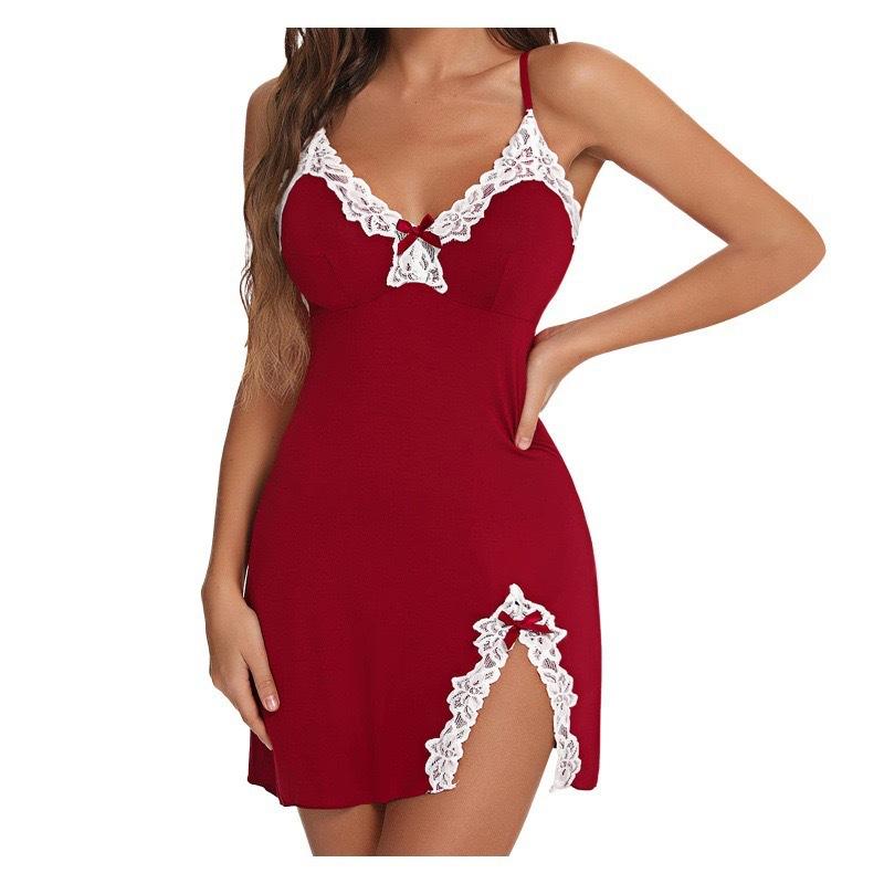 Plus Size Sexy Lingerie Push up Sexy Deep V Bow Side Slit Slim Fit Slip Nightdress Suit