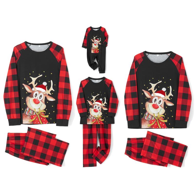 Christmas Family Matching Pajamas Set Elk Print Long Sleeve Tops Plaid Pants Xmas Jammies Sleepwear