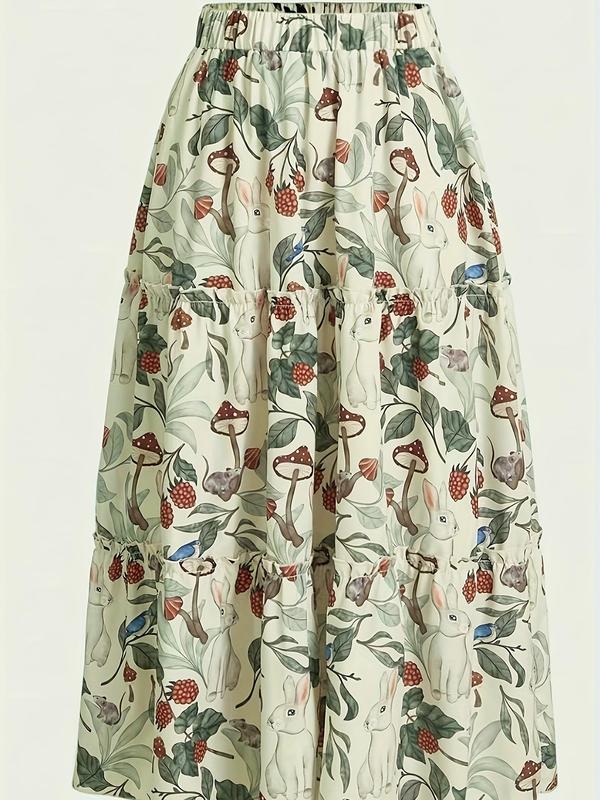 Women's Plants & Bird Print Elastic Waist Skirt, Casual Fashion Long Flared Skirt for Daily Wear, Ladies Spring & Fall Bottoms