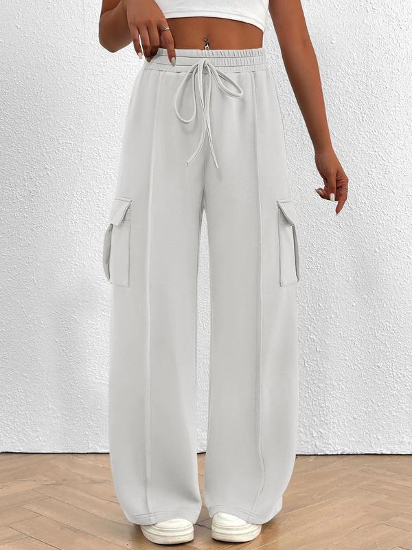 Women's Solid Drawstring Waist Wide Leg Pants, Casual Pocket Trousers for Fall & Winter, Pants for Women, Women's Bottoms for Daily Wear