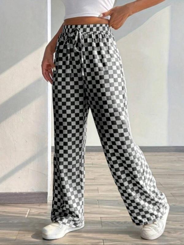 Women's Plaid Print Tie Front Elastic Waist Straight Leg Pants, Casual Comfy Pocket Trousers for Daily Wear, Ladies Bottoms for All Seasons