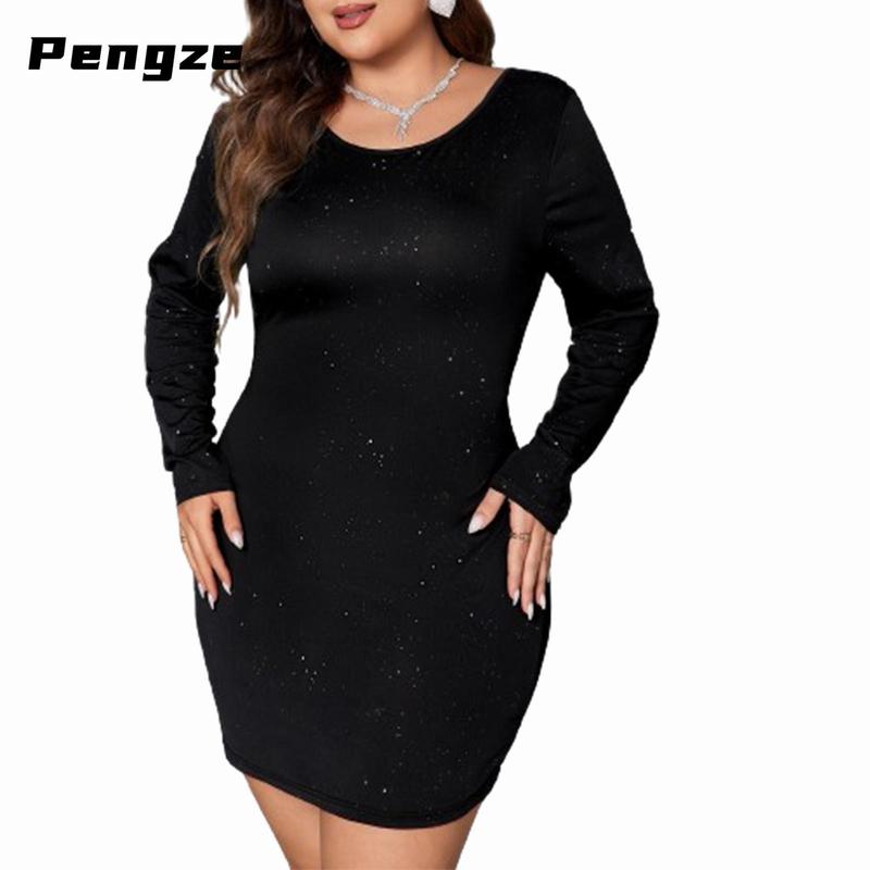 Women's Plus Size Dress Sparkly Bow Back Round Neck Long Sleeve Backless Bodycon Dress for Party Club