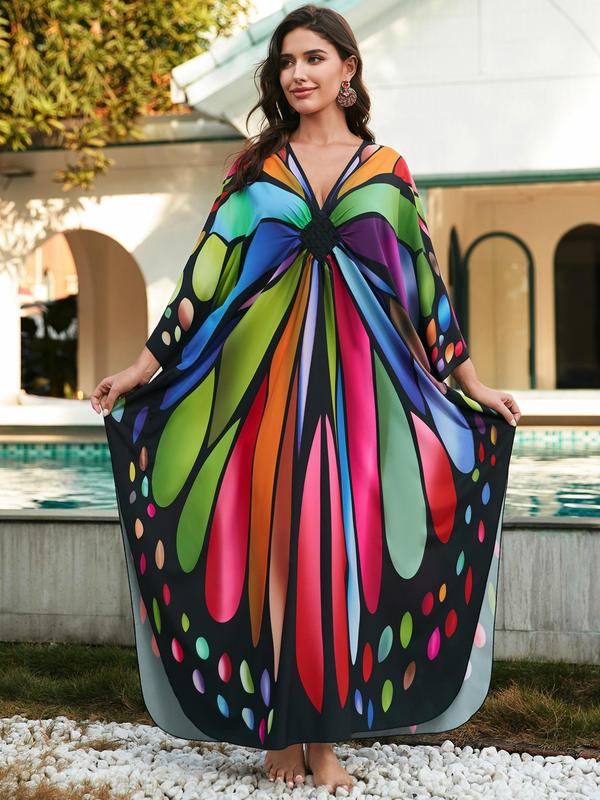 Plus Size Butterfly Print Split Side Kaftan Dress, Boho V Neck Batwing Sleeve Long Dress for Beach Holiday Vacation, Women's Clothes for All Seasons