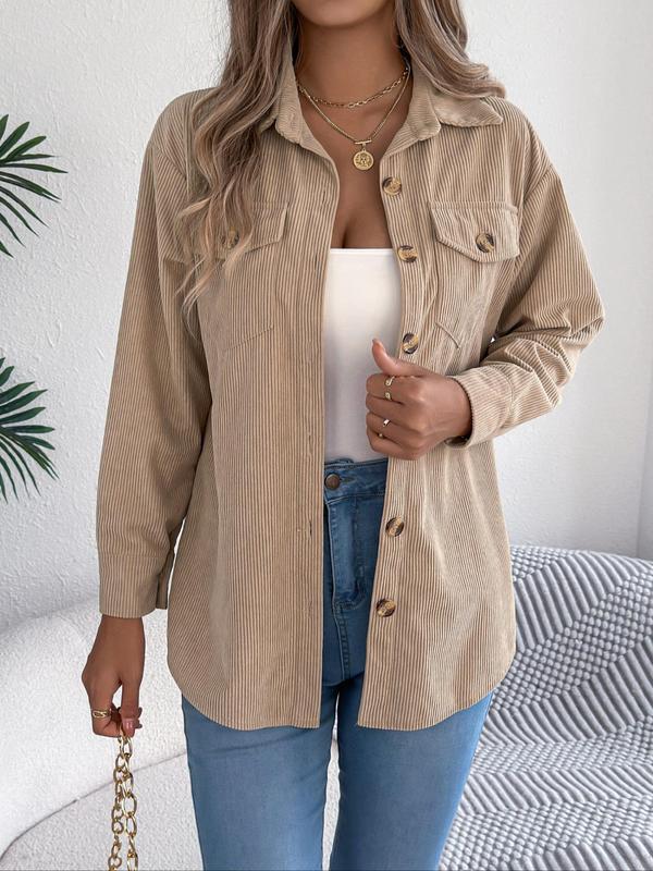 Women's Solid Button Front Corduroy Jacket, Casual Drop Shoulder Long-sleeved Outerwear for Fall & Winter, Ladies Clothes for Daily Wear