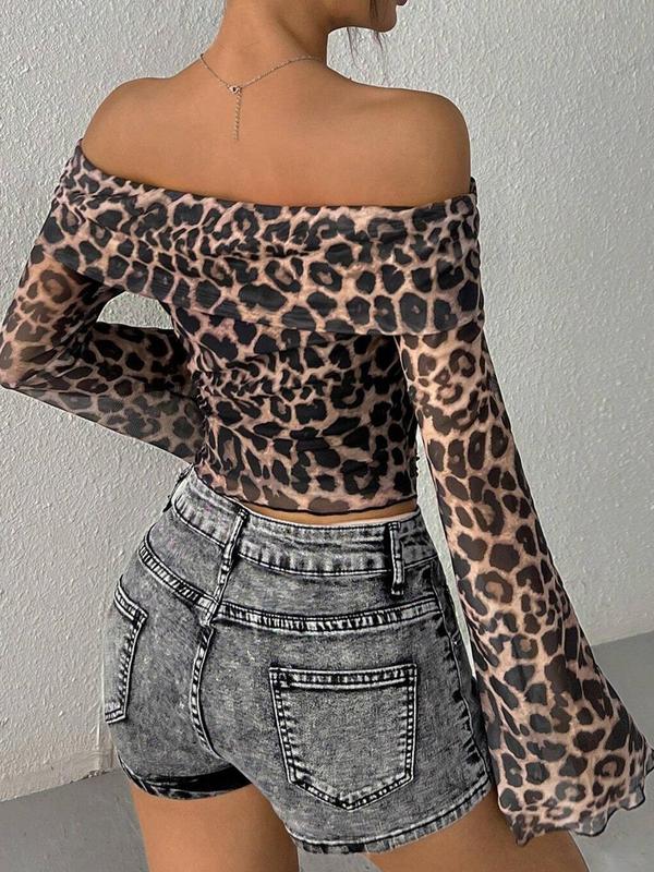 Women's Leopard-Print Off Shoulder Mesh Tee, Fashion Casual Long Sleeve T-shirt for Daily Outdoor Wear, Women Clothing for Spring Fall