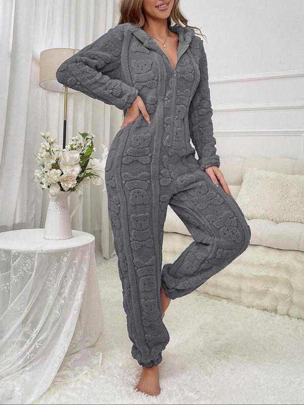 Women's Bear Pattern  Zipper Hooded  Lounge Jumpsuit, Casual Long Sleeve Coral Fleece Onesie for Fall & Winter, Lady's Sleepwear for Indoor Wear