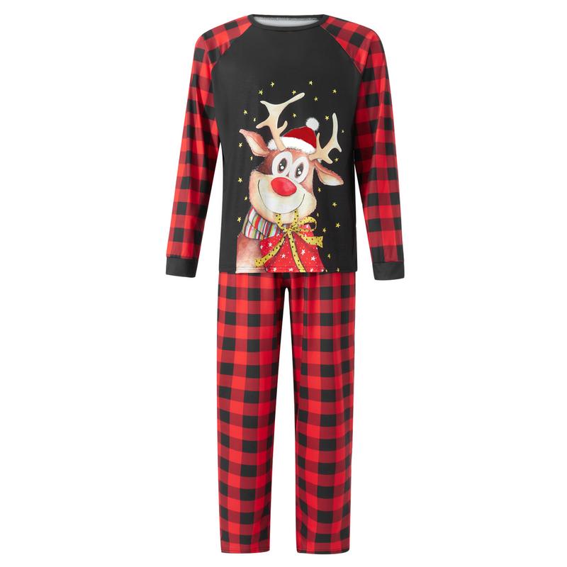 Christmas Family Matching Pajamas Set Elk Print Long Sleeve Tops Plaid Pants Xmas Jammies Sleepwear