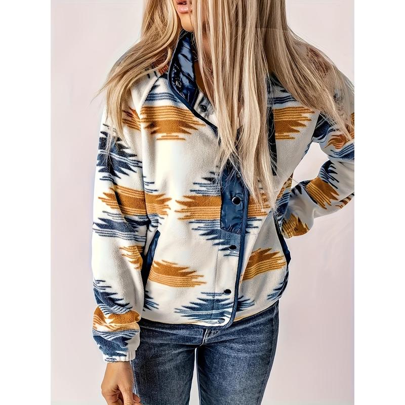 Stylish Aztec Print Fleece Jacket - Casual Long Sleeve Button Front Fall & Winter Essential for Women - Soft, Warm, and Cozy Clothing for Everyday Wear