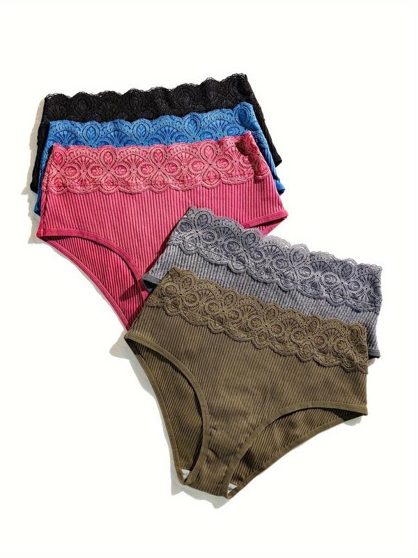 Women's Contrast Lace Ribbed Brief, Soft Comfy Breathable Knicker for Daily Wear, Underwear for All Seasons