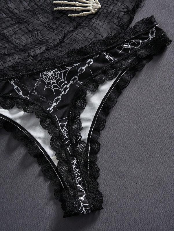 3pcs Set Exotic-Goth Women Low Waist Printed Thong Panties With Contrasting Lace Trim