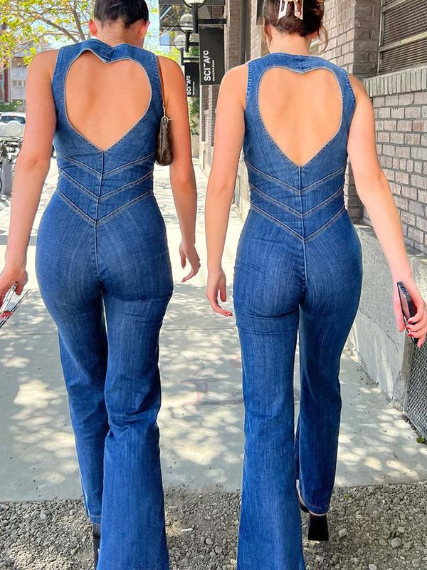 GBELLA Blue Backless Heart Shaped Hollow Bodysuit Women's Slim Fit Jumpsuit Vintage Denim Womenswear Overalls Comfort Basic Minimalist Sleeveless