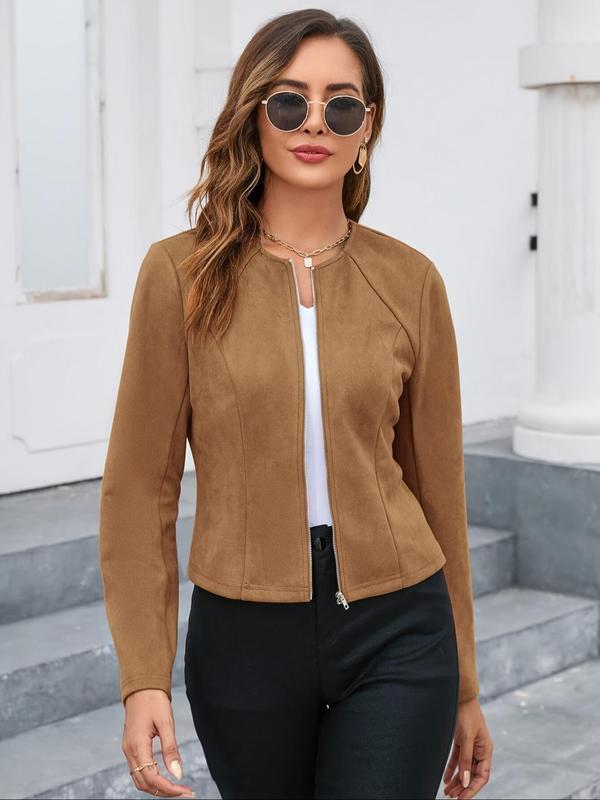 Women's Solid Zip Up Split Hem Crop Jacket, Casual Long Sleeve Round Neck Outerwear for Spring & Fall, Ladies Clothes for Daily Wear