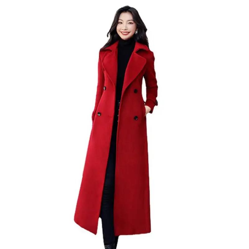 Winter Overcoat Elegant Double-breasted Waist Belt Long Woolen Jacket Fashion Thermal Thick Women Trench Coat Winter Wool Coat