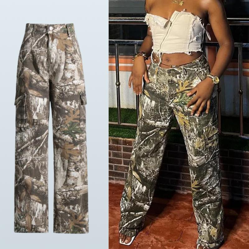 Camouflage jeans women's high waist patchwork button color matching loose wide-leg pants Embroidery print camouflage pants 2024 spring new fashion mid-waist splicing zipper casual loose straight pants